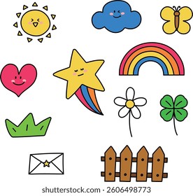 Illustration of hand drawings related to weather and nature, Sticker image,