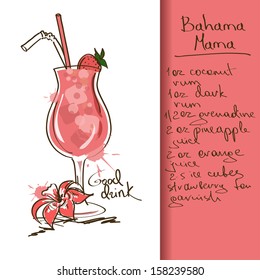 Illustration with hand drawn Bahama Mama cocktail