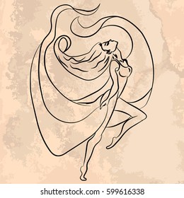 Illustration with hand drawn ballerina on vintage paper. Tattoo design element. Heraldry and logo concept art.
