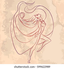 Illustration with hand drawn ballerina on vintage paper. Tattoo design element. Heraldry and logo concept art.