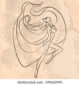 Illustration with hand drawn ballerina on vintage paper. Tattoo design element. Heraldry and logo concept art.