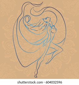 Illustration with hand drawn ballerina on brown background with mandalas. Tattoo design element. Heraldry and logo concept art.