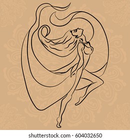 Illustration with hand drawn ballerina on brown background with mandalas. Tattoo design element. Heraldry and logo concept art.