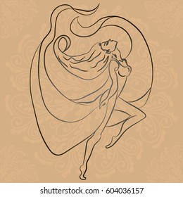 Illustration with hand drawn ballerina on brown background with mandalas. Tattoo design element. Heraldry and logo concept art.