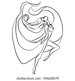 Illustration with hand drawn ballerina. Tattoo design element. Heraldry and logo concept art. Drawing for coloring book.