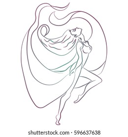 Illustration with hand drawn ballerina. Tattoo design element. Heraldry and logo concept art. Drawing for coloring book.