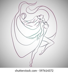 Illustration with hand drawn ballerina. Tattoo design element. Heraldry and logo concept art. Drawing for coloring book.