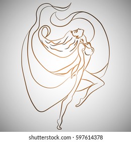 Illustration with hand drawn ballerina. Tattoo design element. Heraldry and logo concept art. Drawing for coloring book.
