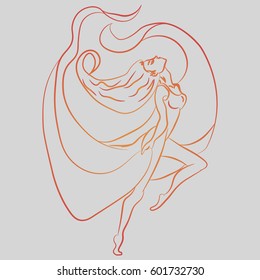Illustration with hand drawn ballerina. Tattoo design element. Heraldry and logo concept art. Drawing for coloring book.