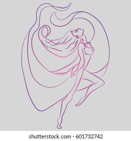 Illustration with hand drawn ballerina. Tattoo design element. Heraldry and logo concept art. Drawing for coloring book.