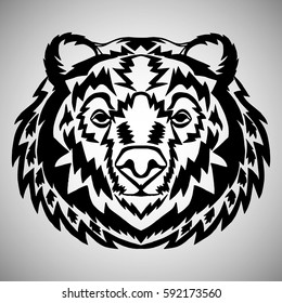 Illustration with hand drawn bear head. Tattoo design element. Heraldry and logo concept art. Drawing for coloring book.