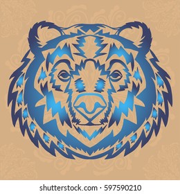 Illustration with hand drawn bear head on brown background with mandalas. Tattoo design element. Heraldry and logo concept art.