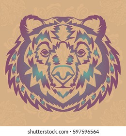 Illustration with hand drawn bear head on brown background with mandalas. Tattoo design element. Heraldry and logo concept art.