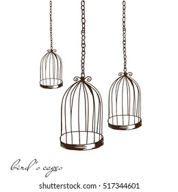 Illustration hand drawn birds cage empty group