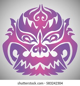 Illustration with hand drawn black head of ethnic dragon on white background. Tattoo design. Heraldry and logo concept art.