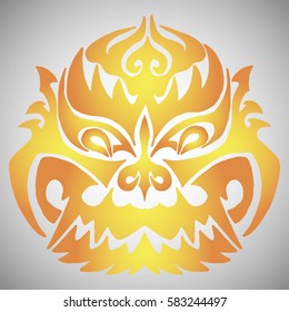Illustration with hand drawn black head of ethnic dragon on white background. Tattoo design. Heraldry and logo concept art.