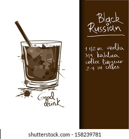 Illustration with hand drawn Black Russian cocktail
