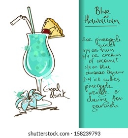Illustration with hand drawn Blue Hawaiian cocktail