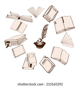Illustration of hand drawn books, notebooks, textbooks and inkstand with feather. Education. Study process. Composition. Vector illustration. Books.