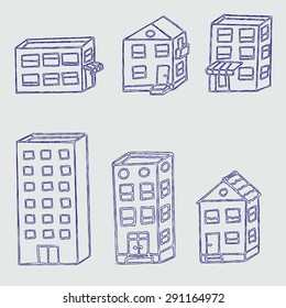 Illustration of hand drawn buildings. Imitation of ball pen drawing. Isolated buildings. Isometric hand drawn doodle houses. 