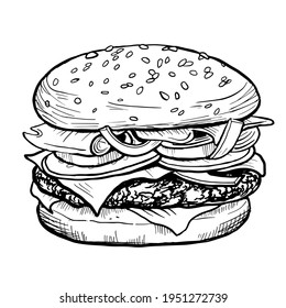 Illustration of hand drawn burger hamburger cheeseburger in black and white. Sketched fast food in vector