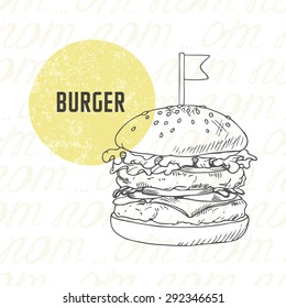 白黒の手描きのハンバーガー ハンバーガー チーズバーガーのイラスト ベクター画像のスケッチファストフード のベクター画像素材 ロイヤリティフリー