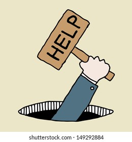 Illustration of hand drawn businessman holding help sign