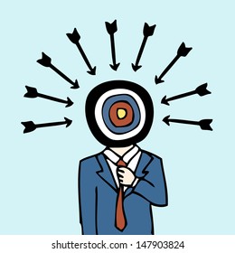 Illustration of hand drawn businessman with target dartboard head