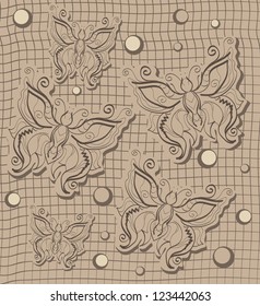 Illustration of hand drawn butterflies on brown background