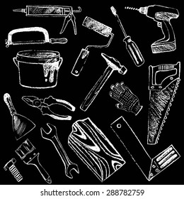Illustration of hand drawn by chalk tools on black background.