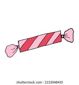 illustration of hand drawn candy in pink striped wrapper