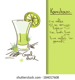 Illustration with hand drawn cartoon Kamikaze cocktail