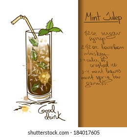 Illustration with hand drawn cartoon Mint Julep cocktail