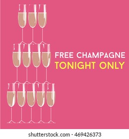 Illustration Hand Drawn Cartoon Pyramid Of Glass Flute Goblets Alcoholic Champagne Bubbles Isolated On Pink Background, Title For Bar Menu, Vector Eps 10