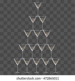 Illustration Hand Drawn Cartoon Pyramid Of Glass Flute Goblets Alcoholic Martini Champagne Bubbles Isolated On Transparent Background, Poster For Restaurant Bar Menu, Vector Eps 10