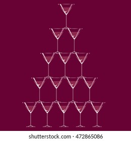 Illustration Hand Drawn Cartoon Pyramid Of Glass Flute Goblets Alcoholic Martini Champagne Bubbles Isolated On Pink Background, Poster For Restaurant Bar Menu, Vector Eps 10