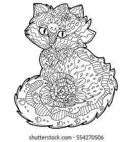 Illustration with hand drawn cat with doodles. Drawing for coloring book. Hand Drawn zentangle.