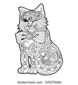Illustration with hand drawn cat with doodles. Drawing for coloring book. Hand Drawn zentangle.