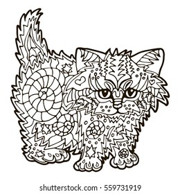 Illustration with hand drawn cat with doodles. Drawing for coloring book. Hand Drawn zentangle.