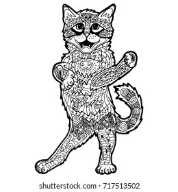 Illustration with hand drawn cat with doodles. Drawing for coloring book. Hand Drawn zentangle.