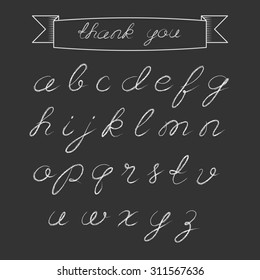 Illustration of hand drawn chalk minuscule alphabet on black background. 