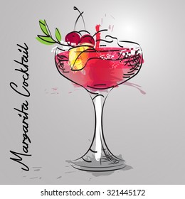 Illustration with hand drawn cherry Margarita cocktail