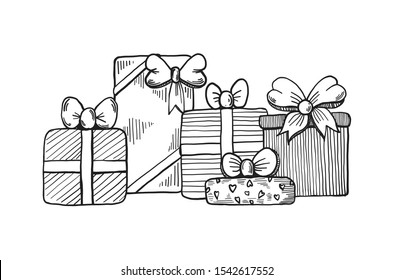 Illustration hand drawn Christmas gift box set outline, chirsmas concept vector eps10.