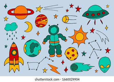 illustration of Hand drawn colorful cosmos doodle vector set