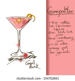 Illustration with hand drawn Cosmopolitan cocktail