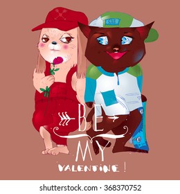 Illustration of hand drawn couple animals with decorative text for Valentine`s day. Teenagers kitty and puppy in love. Funny cute cartoon background. Cat and Dog. Greeting card for Valentines Day.