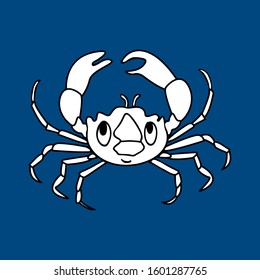 Illustration with hand drawn crab character on blue background.