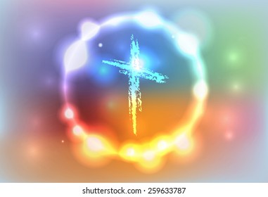 An illustration of a hand drawn cross surrounded by an abstract glowing background. Vector EPS 10. EPS file contains transparencies and a gradient mesh.