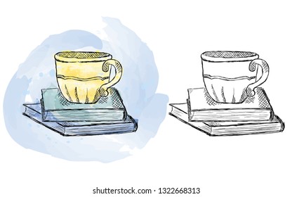 Illustration of hand drawn cup on books, watercolor artwork