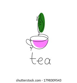 An illustration of a hand drawn cup of tea. One line logo. 